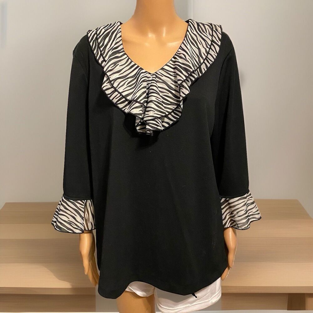 Blair Women Blouse L Black Zebra Ruffle Bell Sleeve Whimsigoth Goth Old Money